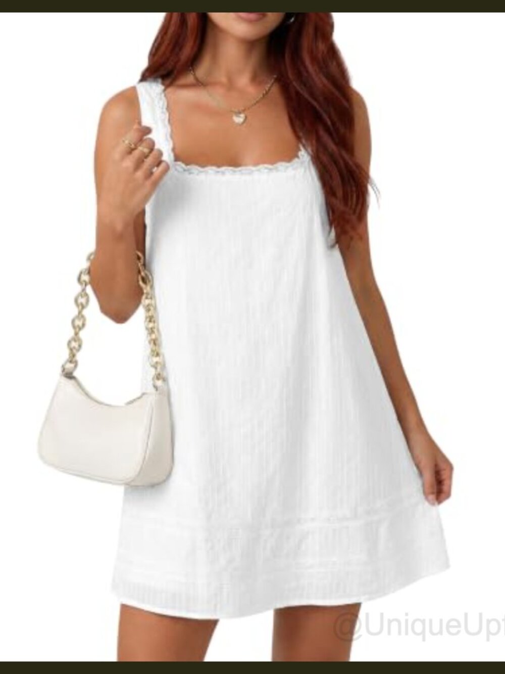 100% Cotton Women's Square Neck Lace Trim Sundress A-Line Mini Casual Summer